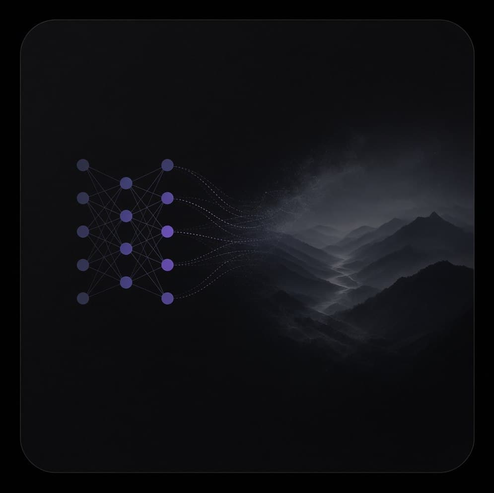 A small neural network of violet nodes on the left, its output paths dissolving into a rendered mountain landscape on the right.