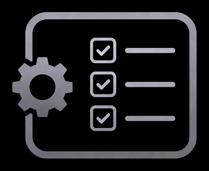 A gear meshed into the edge of a panel listing three checked items — one canonical configuration enforced across tools.